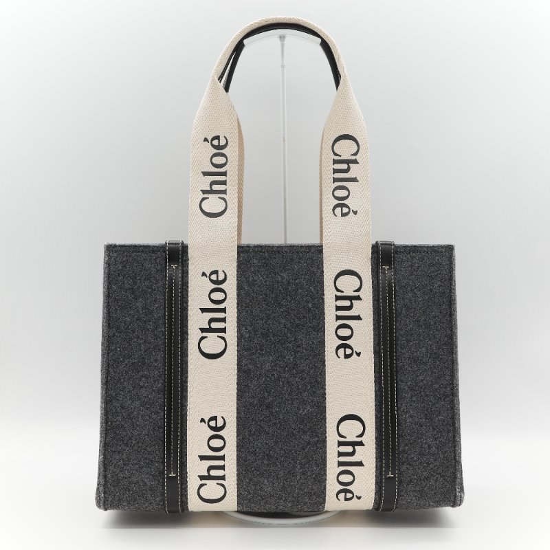 Chloé 蔻依 Woody 小號 黑灰色毛呢 單肩包 托特包-1