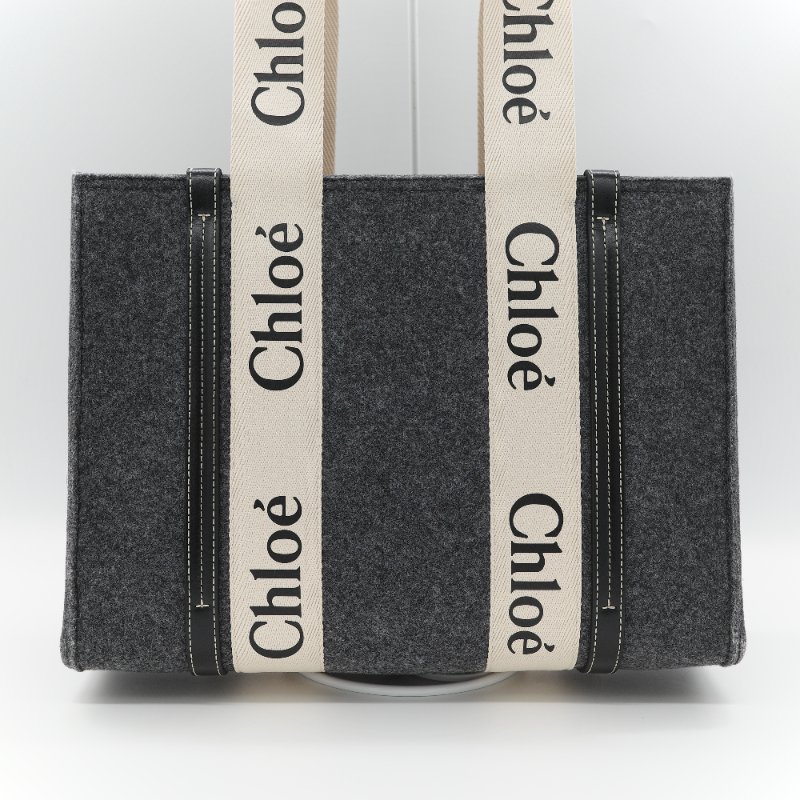 Chloé 蔻依 Woody 小號 黑灰色毛呢 單肩包 托特包-2