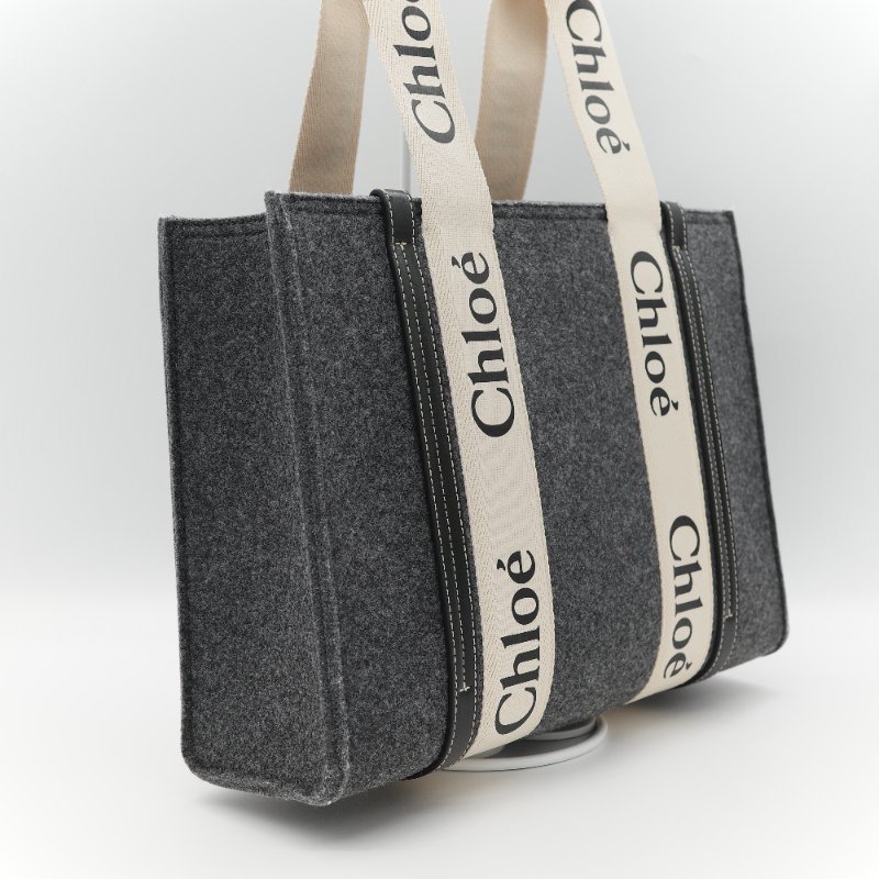 Chloé 蔻依 Woody 小號 黑灰色毛呢 單肩包 托特包-3