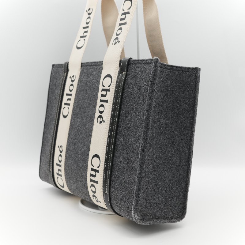 Chloé 蔻依 Woody 小號 黑灰色毛呢 單肩包 托特包-4