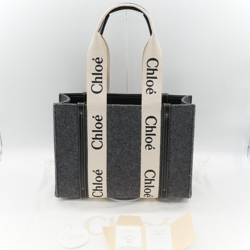 Chloé 蔻依 Woody 小號 黑灰色毛呢 單肩包 托特包-8