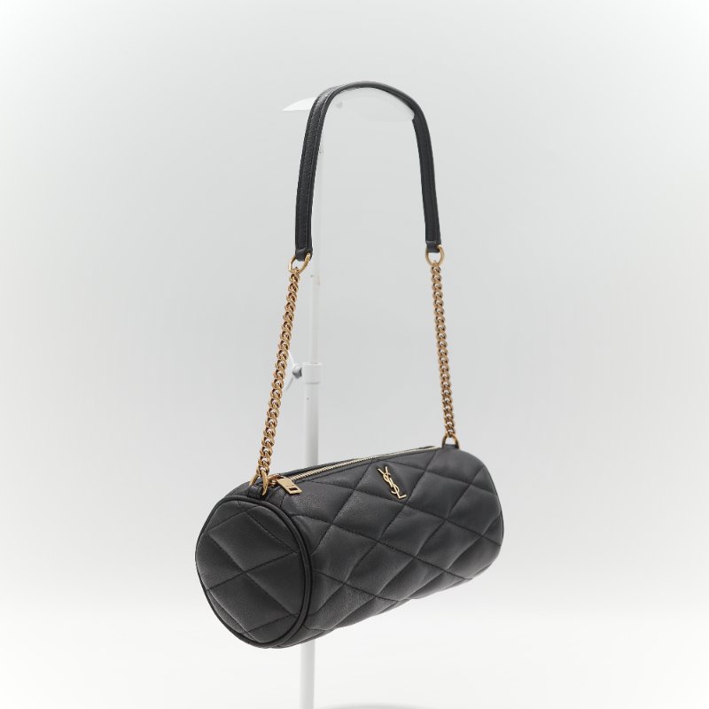 Saint Laurent 聖羅蘭 黑色菱格紋 絎縫 柔軟小羊皮 肩背 迷你圓筒包單肩包-1