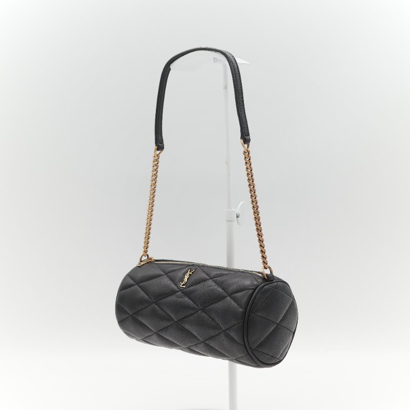 Saint Laurent 聖羅蘭 黑色菱格紋 絎縫 柔軟小羊皮 肩背 迷你圓筒包單肩包-2
