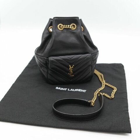 Saint Laurent 聖羅蘭 黑色 山型紋 羊皮 鏈條 束口手袋 斜挎包 水桶包