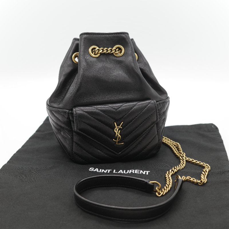 Saint Laurent 聖羅蘭 黑色 山型紋 羊皮 鏈條 束口手袋 斜挎包 水桶包-1