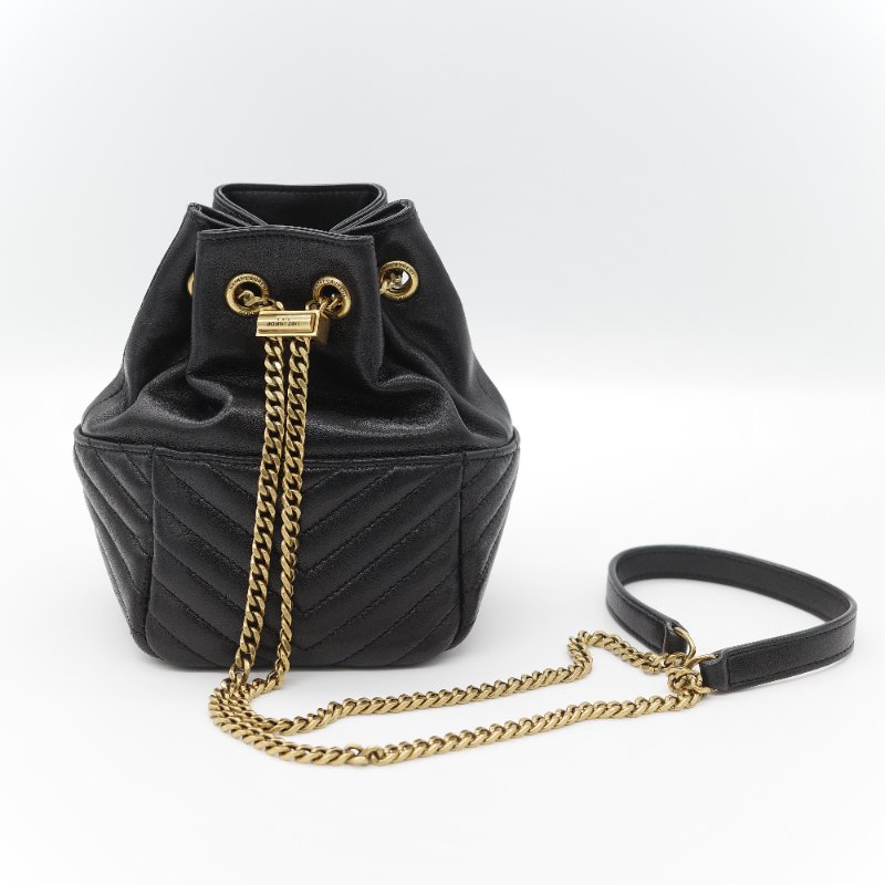 Saint Laurent 聖羅蘭 黑色 山型紋 羊皮 鏈條 束口手袋 斜挎包 水桶包-7