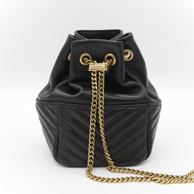 Saint Laurent 聖羅蘭 黑色 山型紋 羊皮 鏈條 束口手袋 斜挎包 水桶包-8