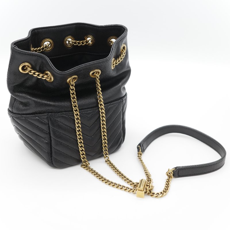 Saint Laurent 聖羅蘭 黑色 山型紋 羊皮 鏈條 束口手袋 斜挎包 水桶包-28