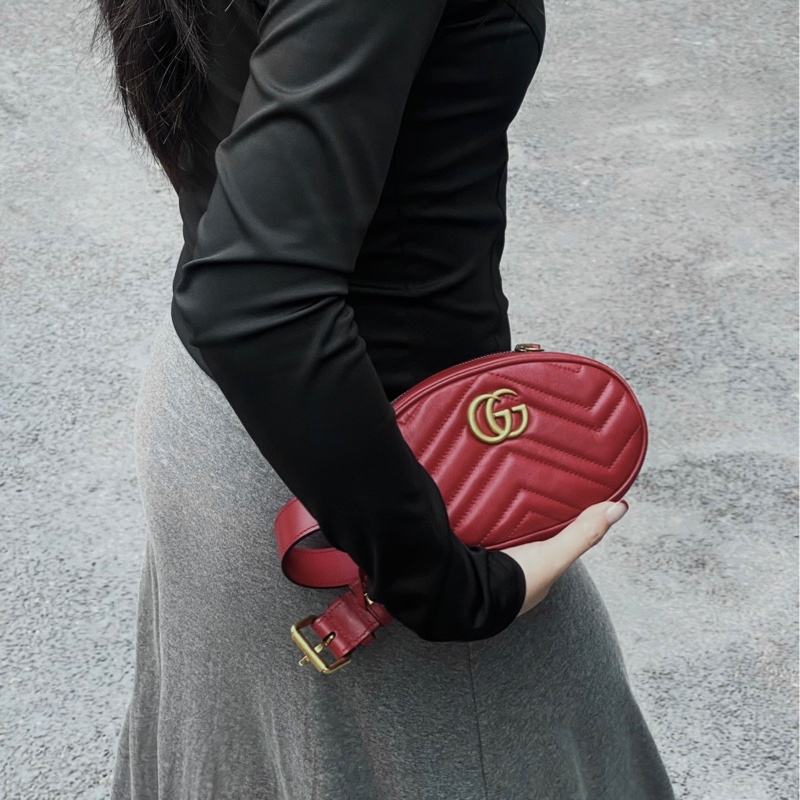 GUCCI古馳GG Marmont紅色牛皮經典馬夢腰包 476434-1