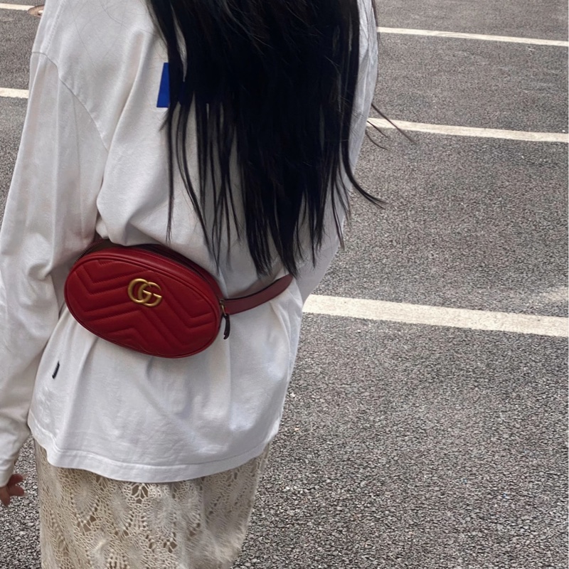 GUCCI古馳GG Marmont紅色牛皮經典馬夢腰包 476434-4