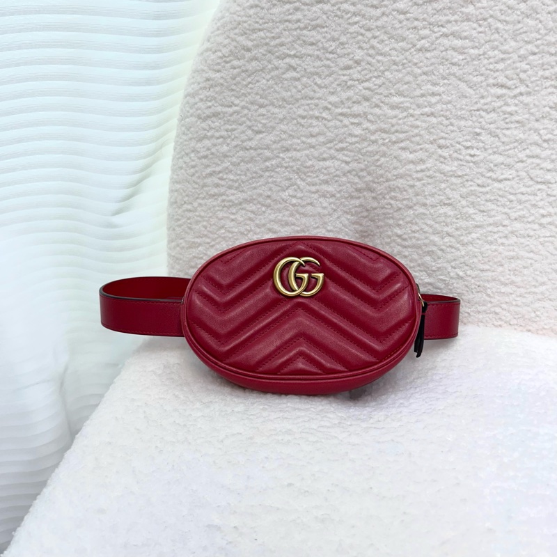 GUCCI古馳GG Marmont紅色牛皮經典馬夢腰包 476434-7