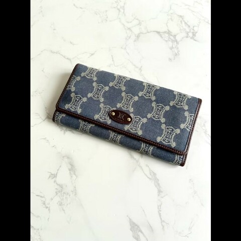 【LA LUNE】絕版古董包 Celine 牛仔丹寧凱旋門皮夾 錢包 長夾 中古包 二手包