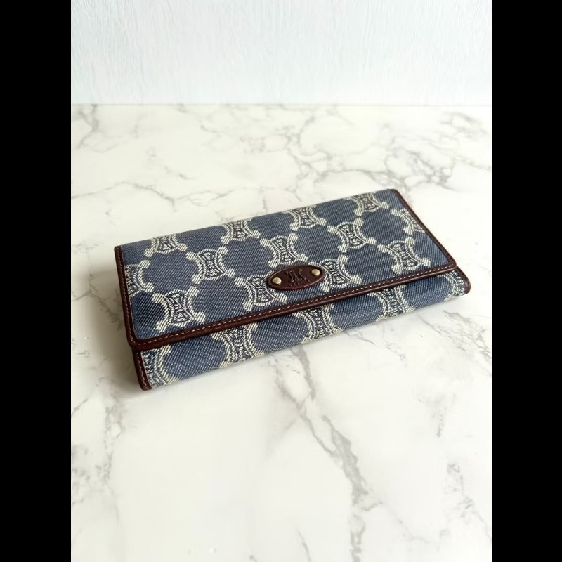 【LA LUNE】絕版古董包 Celine 牛仔丹寧凱旋門皮夾 錢包 長夾 中古包 二手包-2