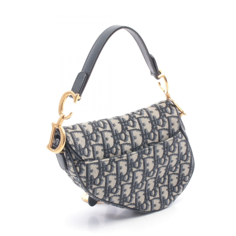 Dior 迷你馬鞍包 Oblique 手提包 帆布皮革 海軍藍 米色 二手 女士-1