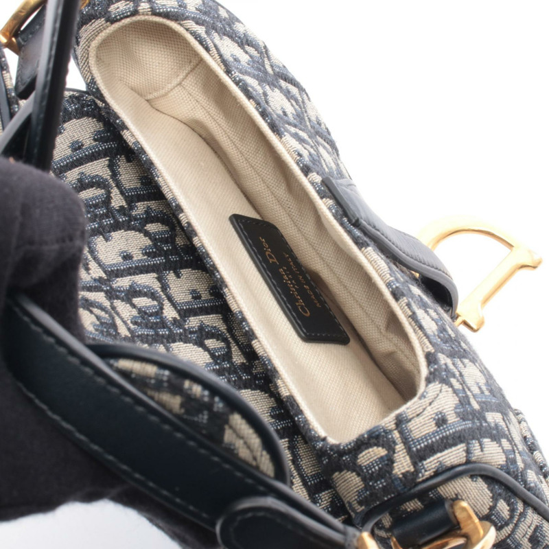 Dior 迷你馬鞍包 Oblique 手提包 帆布皮革 海軍藍 米色 二手 女士-2