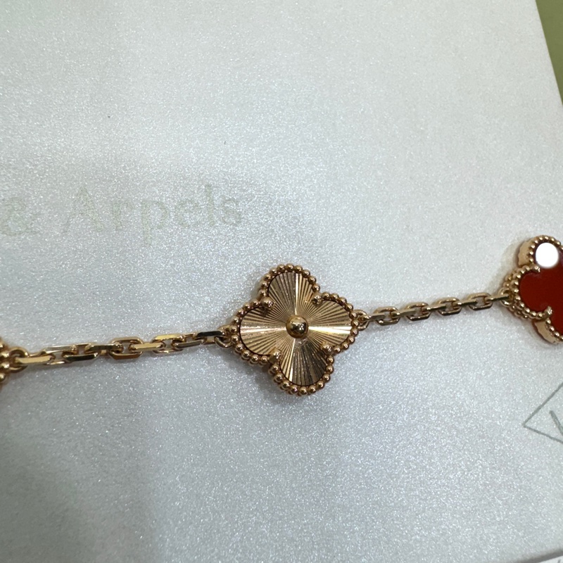 Van Cleef & Arpels 梵克雅寶 VCA 紅玉髓 璣鏤雕花 18K玫瑰金 Vintage Alhambra 四葉草五花手鍊 VCARP7RP00-13