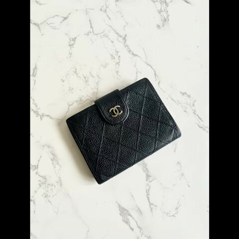 【LA LUNE】中古Chanel黑色魚子醬皮革中夾 皮夾 錢包 短夾 二手包 小包 古董