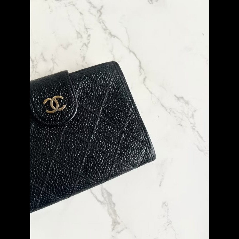 【LA LUNE】中古Chanel黑色魚子醬皮革中夾 皮夾 錢包 短夾 二手包 小包 古董-2