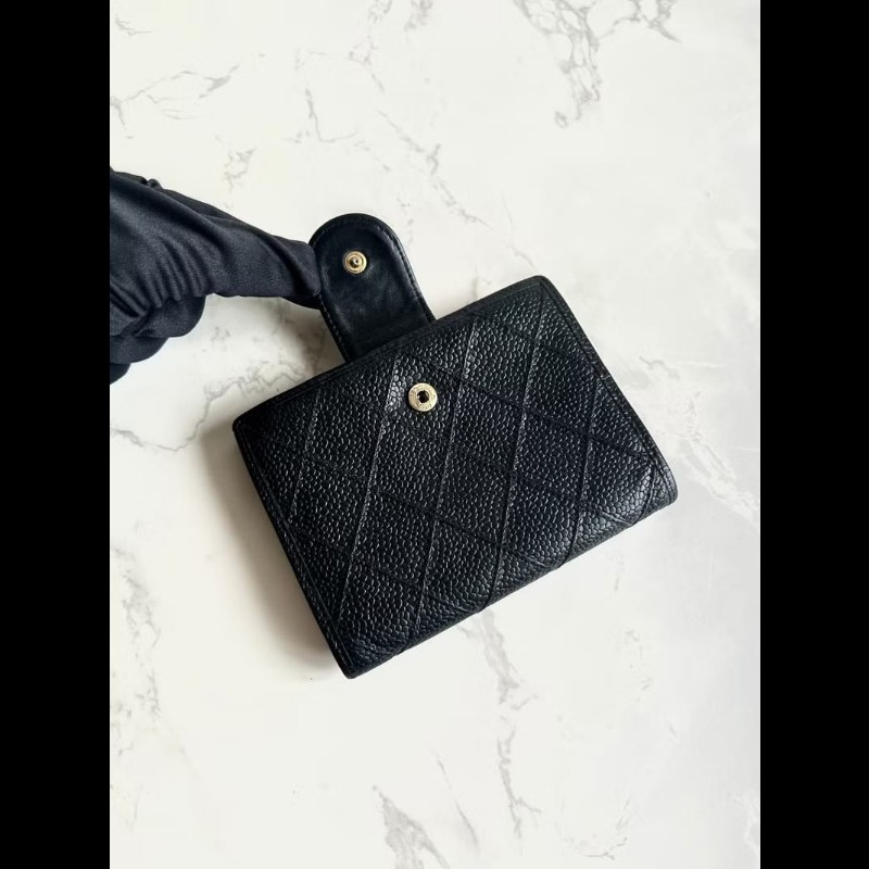 【LA LUNE】中古Chanel黑色魚子醬皮革中夾 皮夾 錢包 短夾 二手包 小包 古董-3