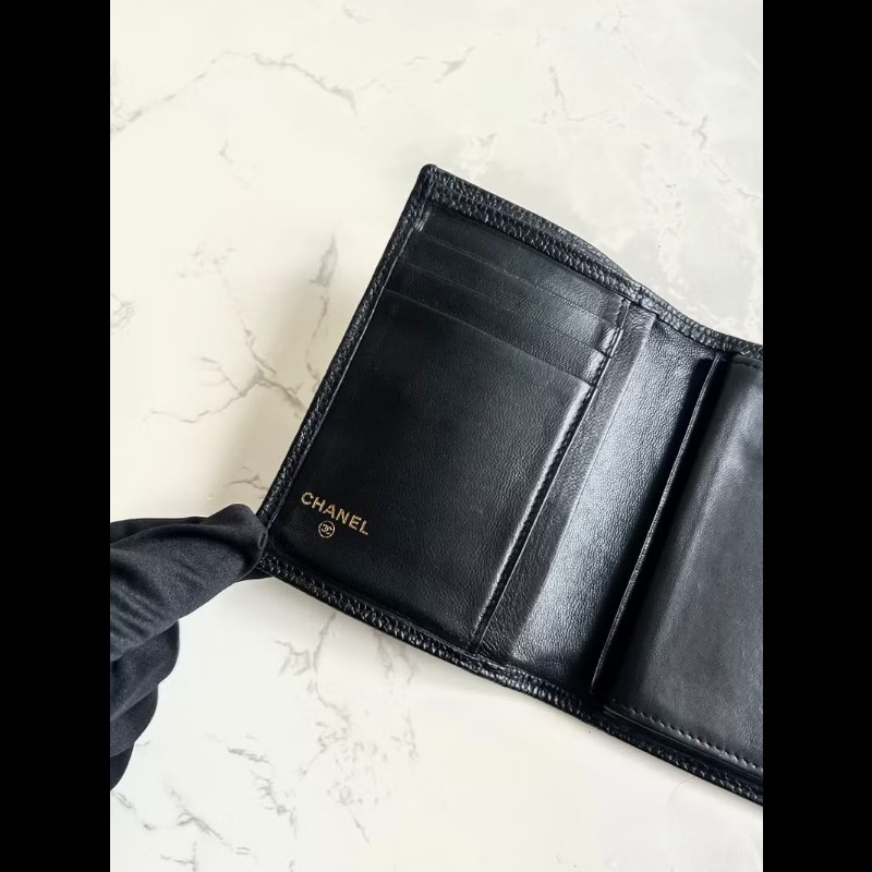 【LA LUNE】中古Chanel黑色魚子醬皮革中夾 皮夾 錢包 短夾 二手包 小包 古董-4