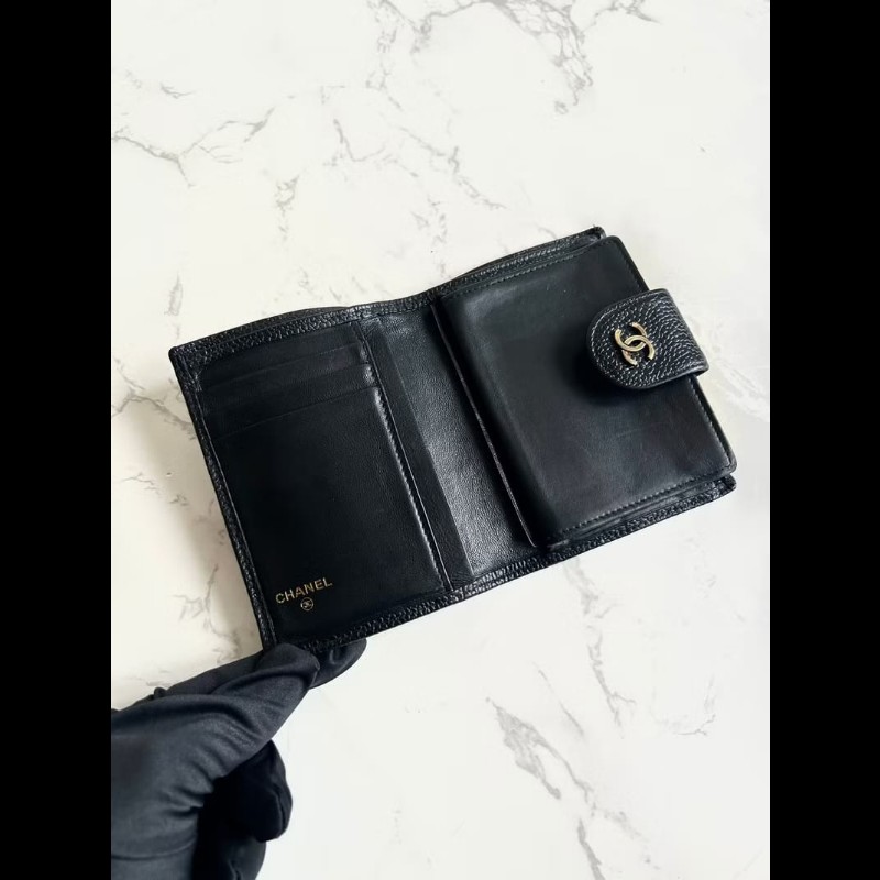 【LA LUNE】中古Chanel黑色魚子醬皮革中夾 皮夾 錢包 短夾 二手包 小包 古董-5