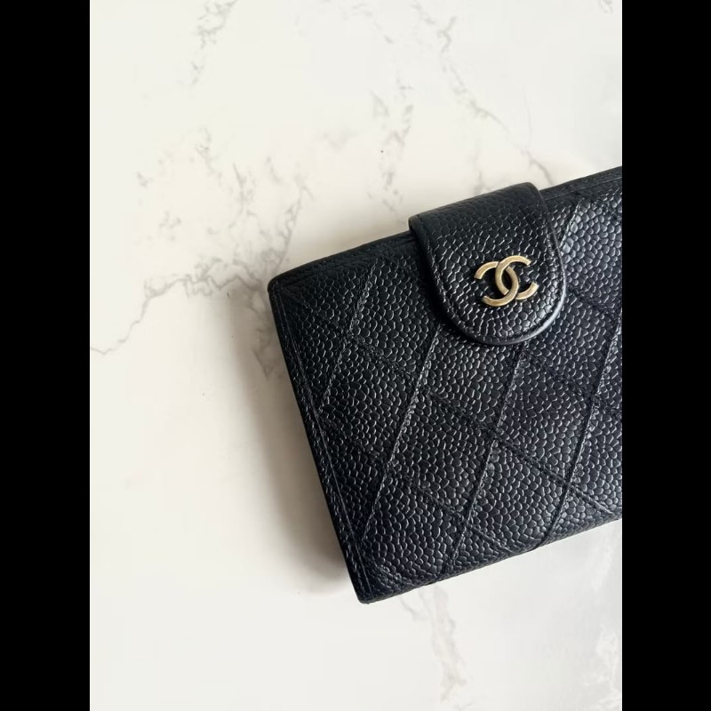 【LA LUNE】中古Chanel黑色魚子醬皮革中夾 皮夾 錢包 短夾 二手包 小包 古董-6