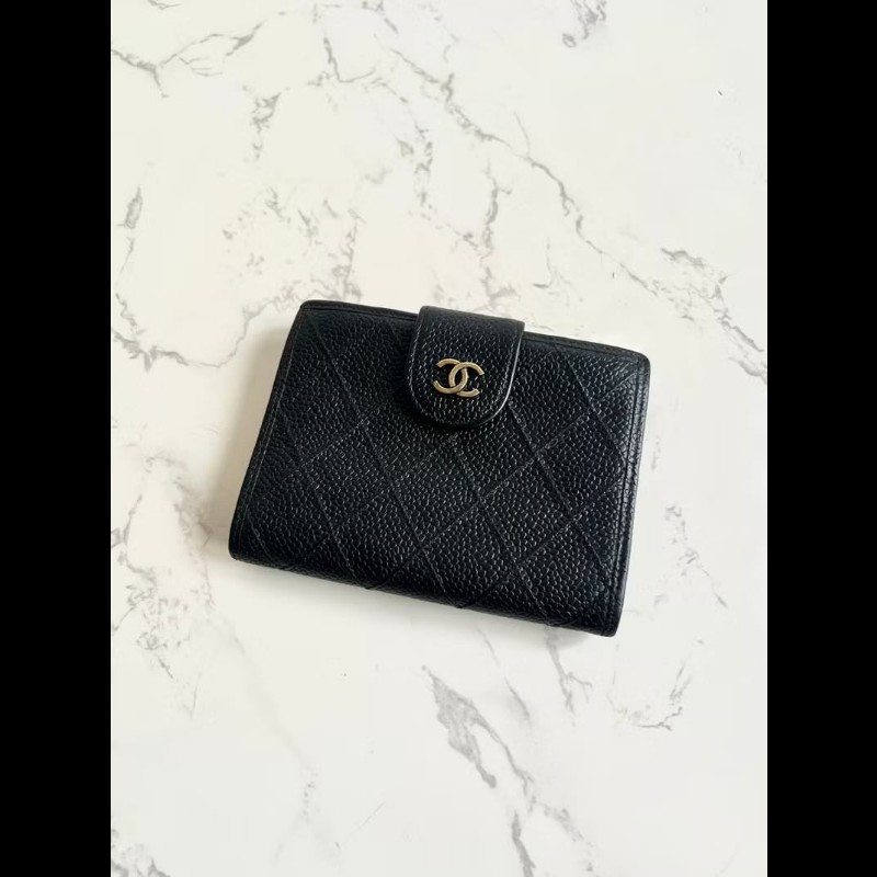 【LA LUNE】中古Chanel黑色魚子醬皮革中夾 皮夾 錢包 短夾 二手包 小包 古董-7