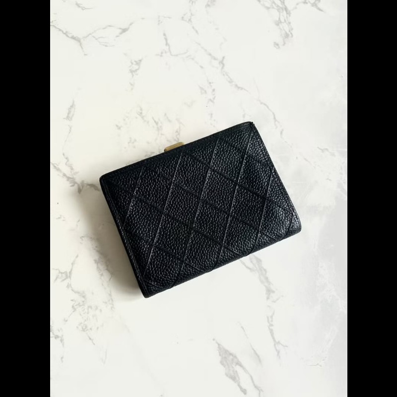【LA LUNE】中古Chanel黑色魚子醬皮革中夾 皮夾 錢包 短夾 二手包 小包 古董-8