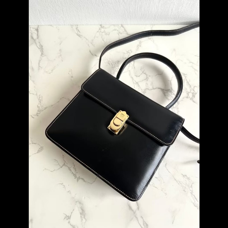 【LA LUNE】絕版古董包 Loewe黑金色凱莉包 單肩包 皮革包 斜背包 復古二手包-3