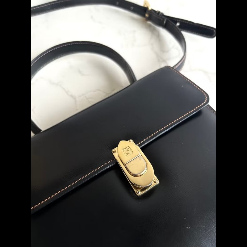【LA LUNE】絕版古董包 Loewe黑金色凱莉包 單肩包 皮革包 斜背包 復古二手包-4