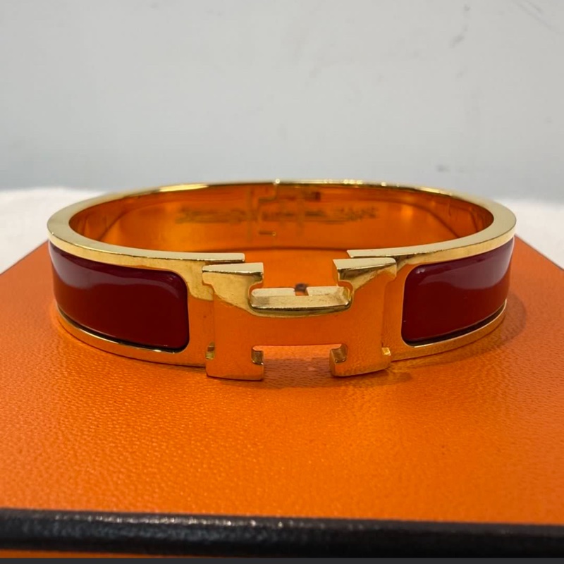 HERMES愛馬仕 H手鐲 琺瑯扣 紅色金logo手鐲 H家高辨識度經典配飾 男女同款情侶款 原盒一套 適合送禮-1