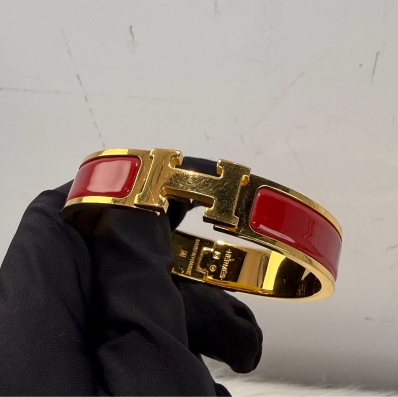HERMES愛馬仕 H手鐲 琺瑯扣 紅色金logo手鐲 H家高辨識度經典配飾 男女同款情侶款 原盒一套 適合送禮-7