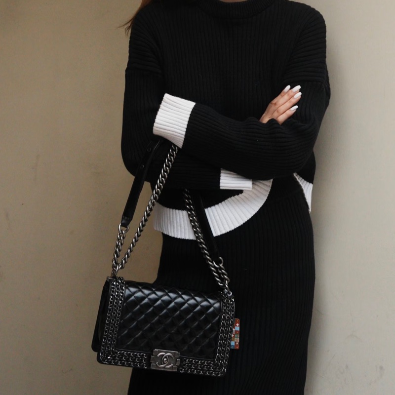 #CHANEL#香奈兒黑銀leboy25穿皮鏈滾邊限定款 🍓🍓-0