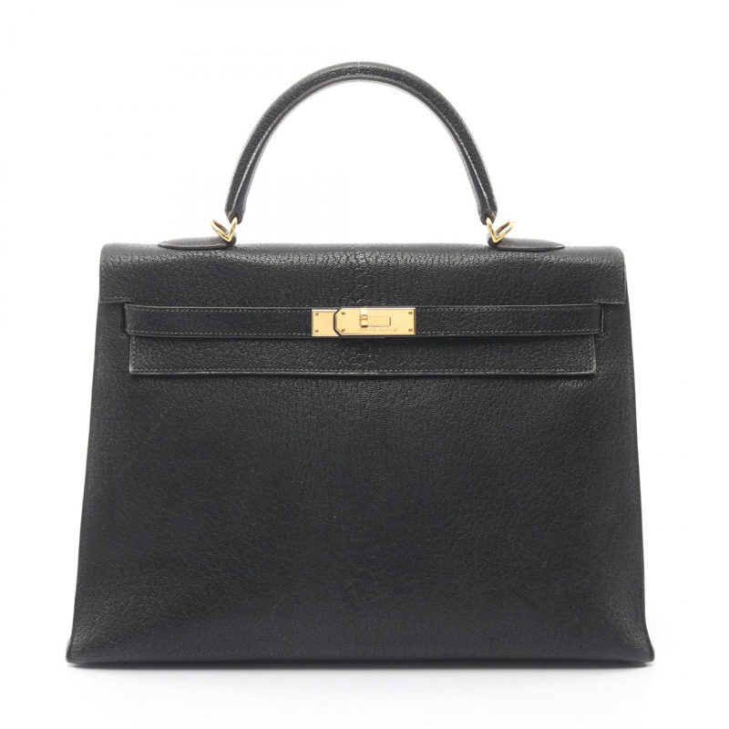 愛馬仕 Kelly 35 手提包,山羊皮,黑色,二手,女士,金色五金-0