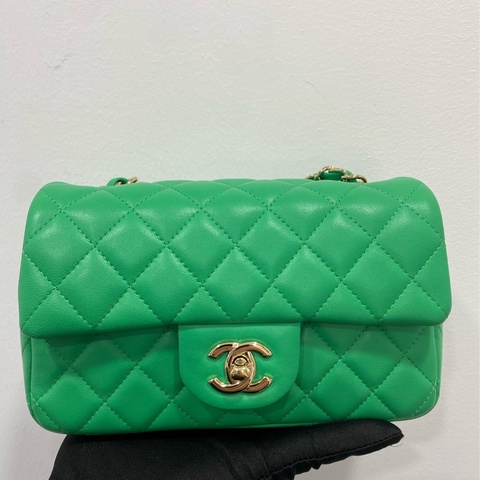 99新Chanel/香奈兒cf大mini發財綠 小羊皮 29開 尺寸20*14*6