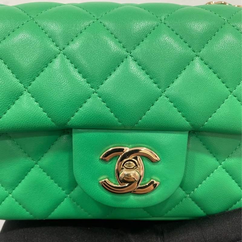 99新Chanel/香奈兒cf大mini發財綠 小羊皮 29開 尺寸20*14*6-4