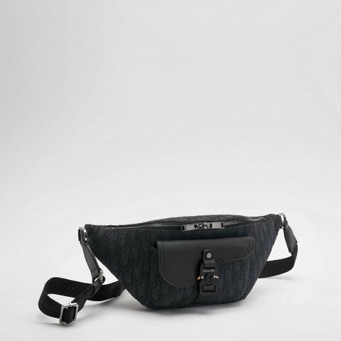 DIOR黑灰緹花拼黑色粒面小牛皮胸背腰包1ADBO084YKS