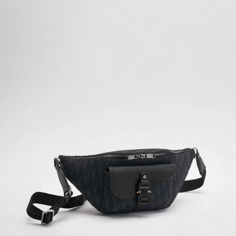 DIOR黑灰緹花拼黑色粒面小牛皮胸背腰包1ADBO084YKS-0