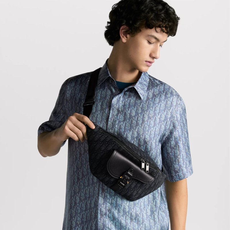 DIOR黑灰緹花拼黑色粒面小牛皮胸背腰包1ADBO084YKS-1