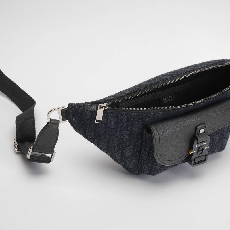 DIOR黑灰緹花拼黑色粒面小牛皮胸背腰包1ADBO084YKS-2