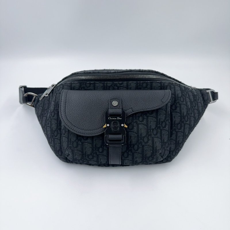 DIOR黑灰緹花拼黑色粒面小牛皮胸背腰包1ADBO084YKS-3