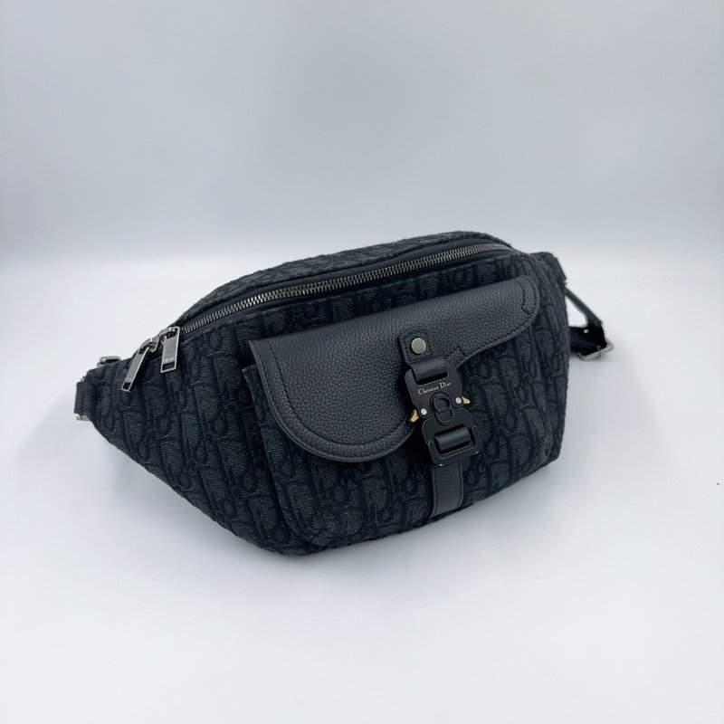 DIOR黑灰緹花拼黑色粒面小牛皮胸背腰包1ADBO084YKS-4