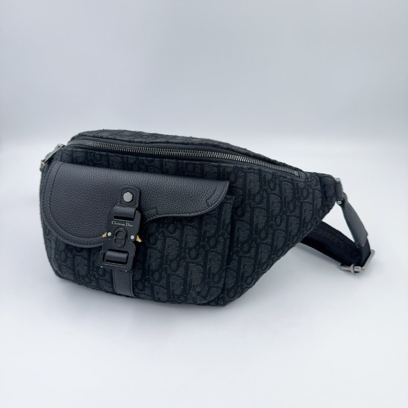 DIOR黑灰緹花拼黑色粒面小牛皮胸背腰包1ADBO084YKS-5