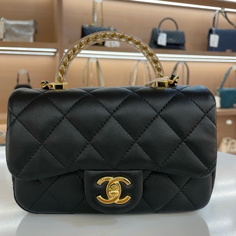 CHANEL 鏈條單肩斜挎包 黑色亚克力手柄CF 小號 有塵袋 無卡 無盒子 尺寸 底長18*高12cm