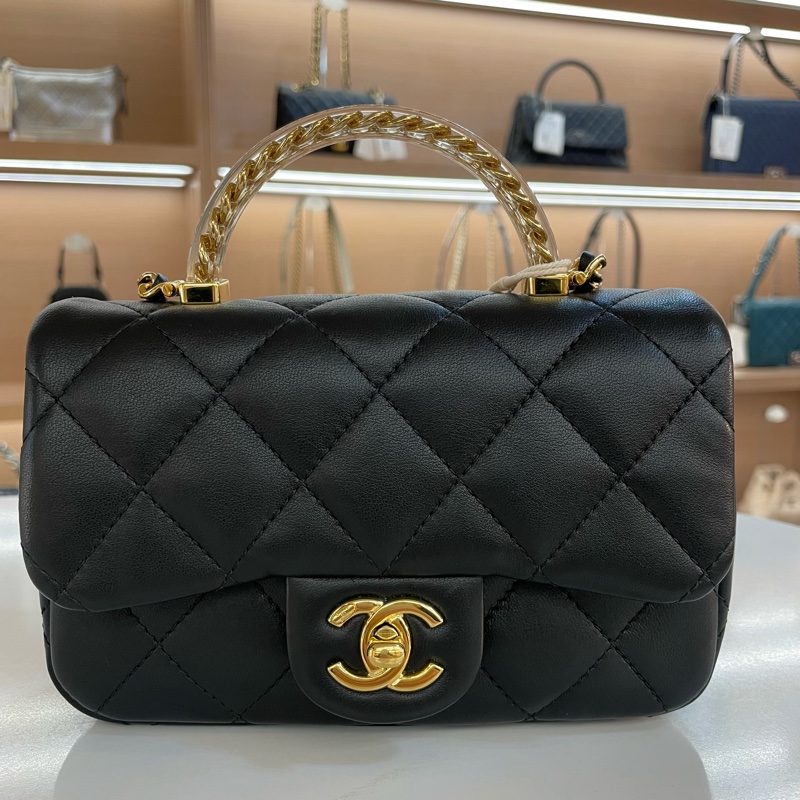 CHANEL 鏈條單肩斜挎包 黑色亚克力手柄CF 小號 有塵袋 無卡 無盒子 尺寸 底長18*高12cm-0