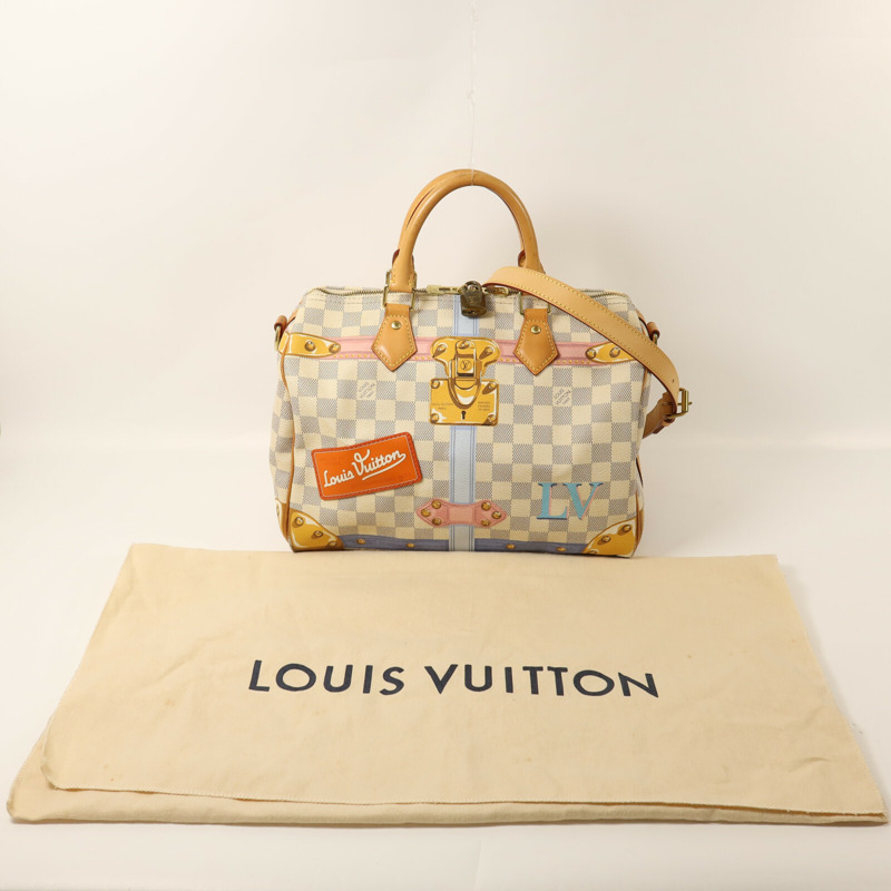 LOUIS VUITTON Damier Azur Tahiti Summer Trunk Speedy Bandouliere 30金扣手挽肩背兩用袋-9