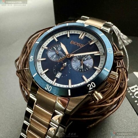 BOSS手錶,編號HB1513937,46mm寶藍圓形精鋼錶殼,寶藍色羅馬數字, 中三針顯示錶面,金銀相間精鋼錶帶款