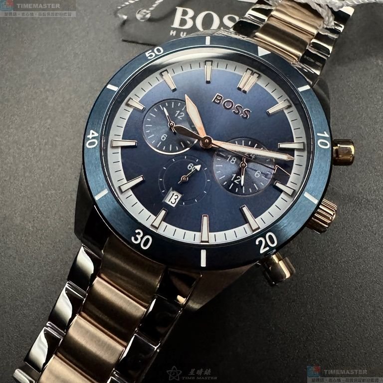 BOSS手錶,編號HB1513937,46mm寶藍圓形精鋼錶殼,寶藍色羅馬數字, 中三針顯示錶面,金銀相間精鋼錶帶款-7