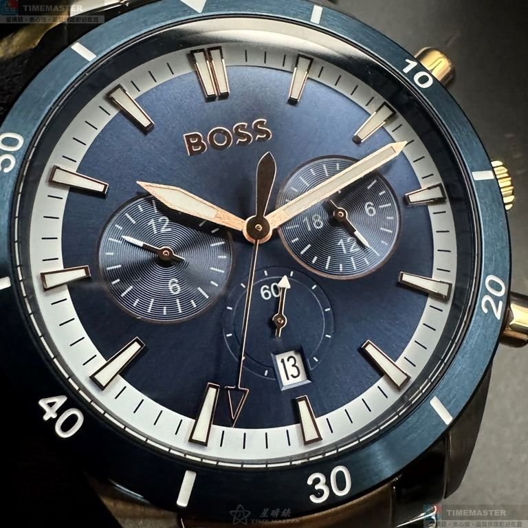 BOSS手錶,編號HB1513937,46mm寶藍圓形精鋼錶殼,寶藍色羅馬數字, 中三針顯示錶面,金銀相間精鋼錶帶款-8