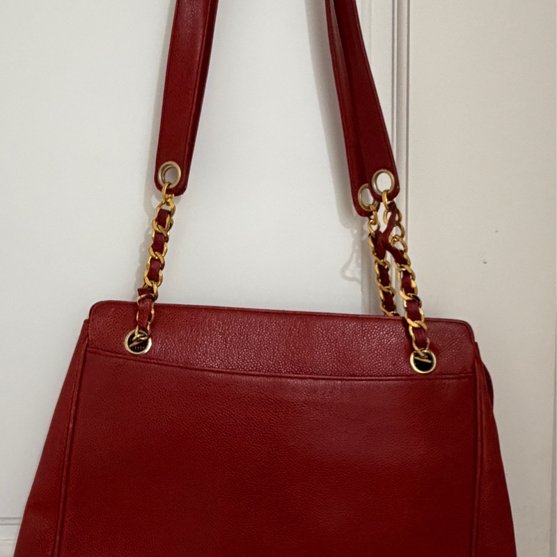 Vintage Chanel 金球酒紅粗金鏈復古托特包-1